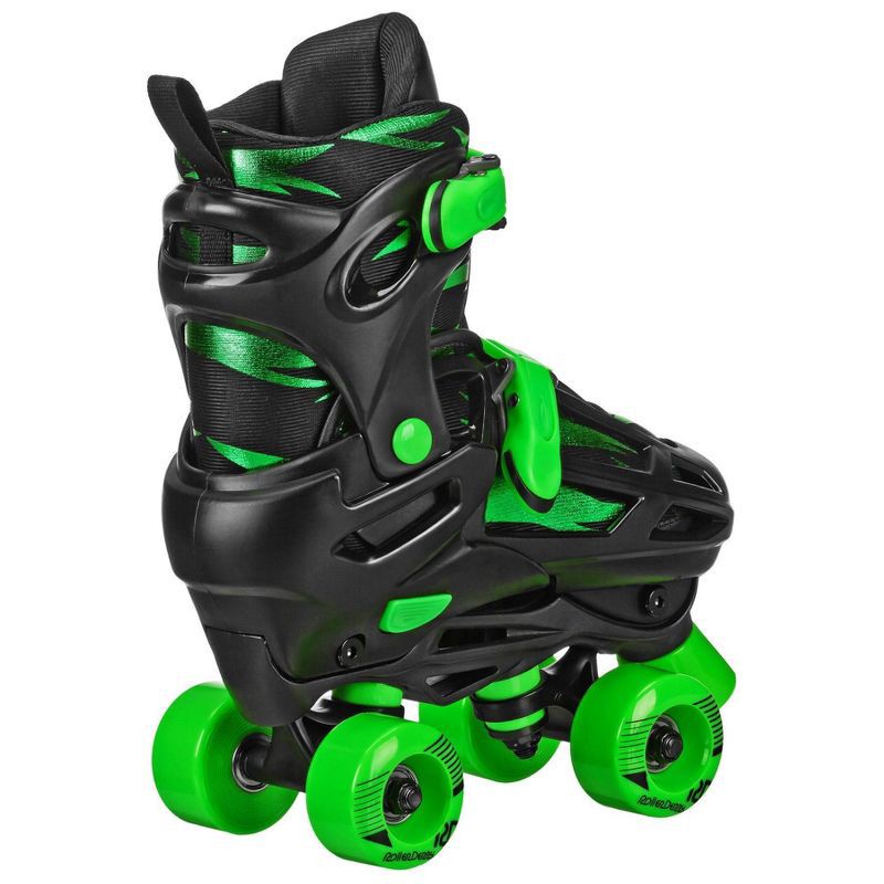 slide 3 of 4, Roller Derby Green Wire Kids' Adjustable Inline-Quad Combo Skates - Black/Green S (12-2): Indoor/Outdoor Use, Adjustable Size, Padded Collar, 1 ct
