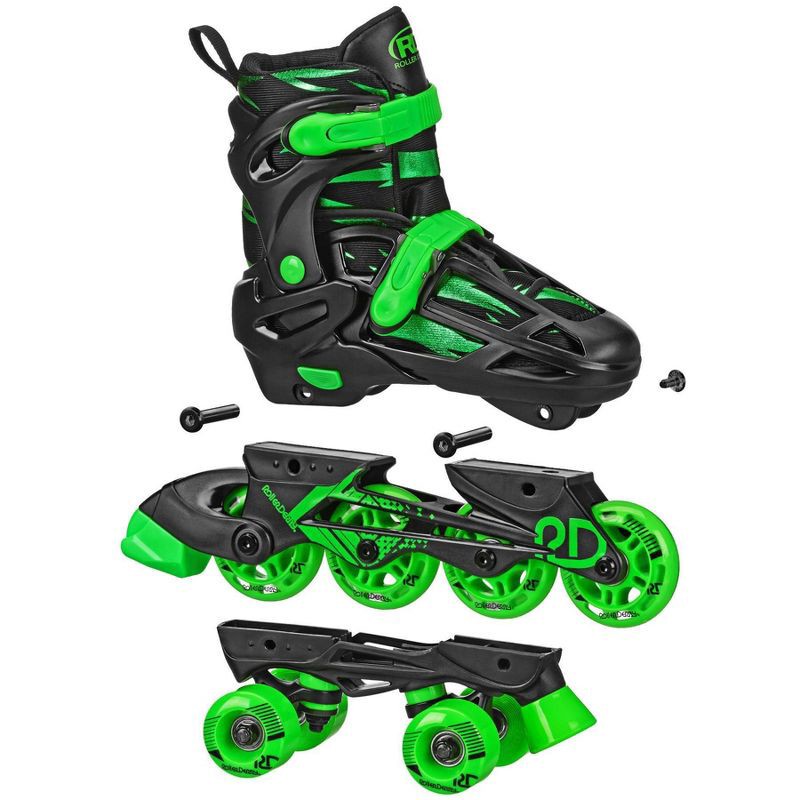 slide 4 of 4, Roller Derby Green Wire Kids' Adjustable Inline-Quad Combo Skates - Black/Green M (3-6): Indoor/Outdoor Use, Padded Collar, 1 ct