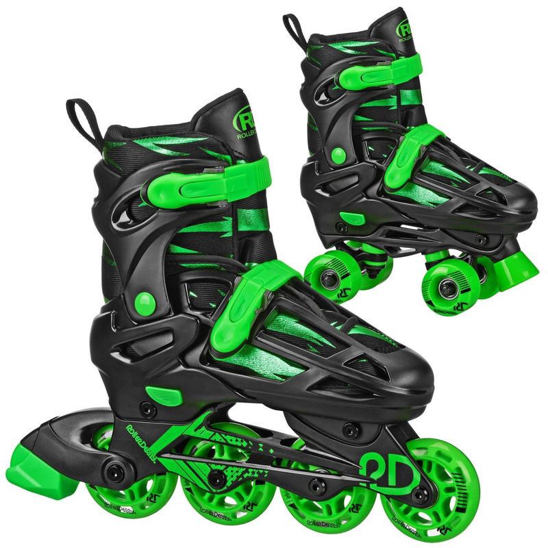 slide 1 of 4, Roller Derby Green Wire Kids' Adjustable Inline-Quad Combo Skates - Black/Green M (3-6): Indoor/Outdoor Use, Padded Collar, 1 ct
