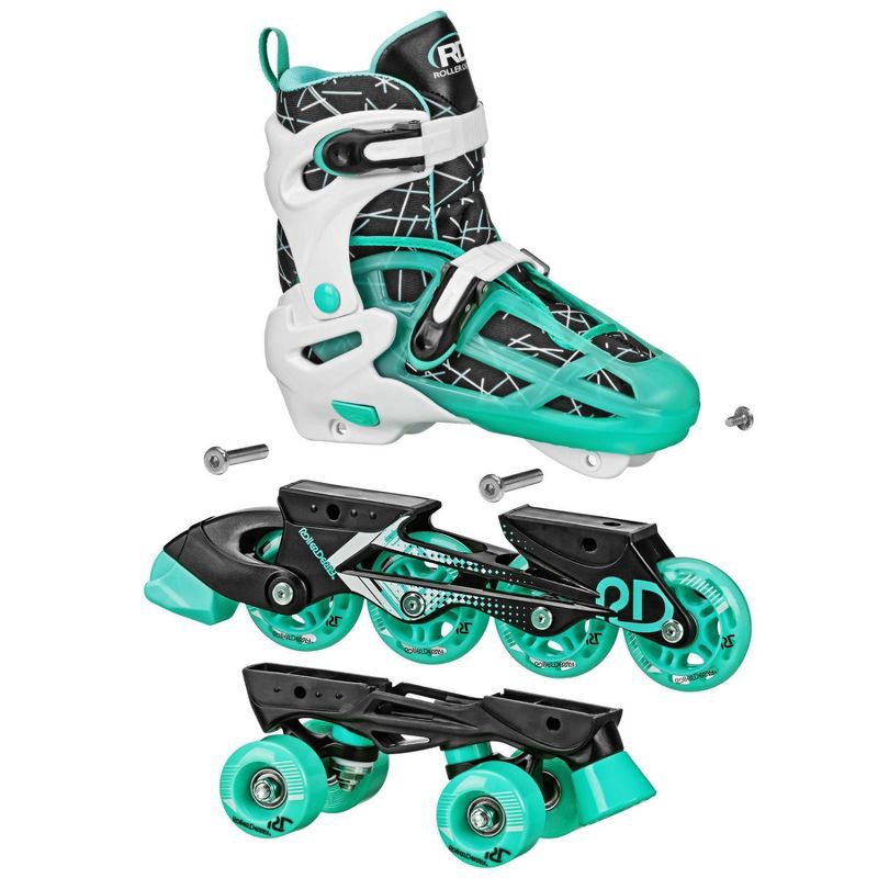 slide 4 of 4, Roller Derby Mint Prodigy Kids' Adjustable Inline-Quad Combo Skates - White/Mint Green M (3-6): Indoor/Outdoor Use, Adjustable Size, Padded Collar, 1 ct