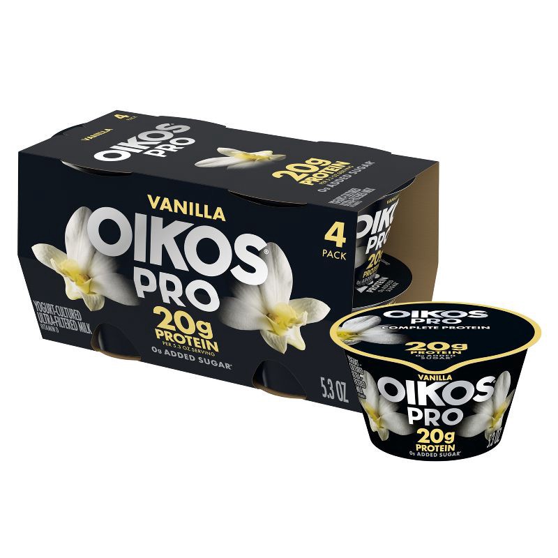 slide 1 of 12, Oikos Pro Vanilla Greek Yogurt - 20g Protein 4ct/5.3oz, 20 gram, 4 ct, 5.3 oz