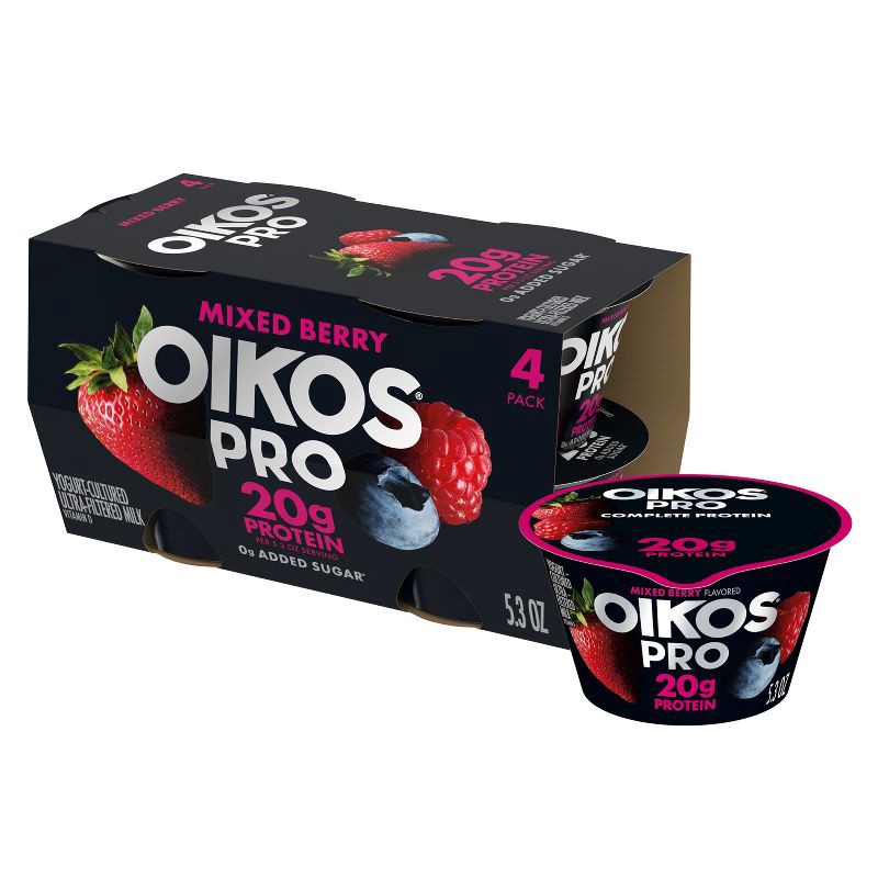 slide 1 of 12, Oikos Pro Mixed Berry Greek Yogurt - 20g Protein 4ct/5.3oz, 20 gram, 4 ct, 5.3 oz