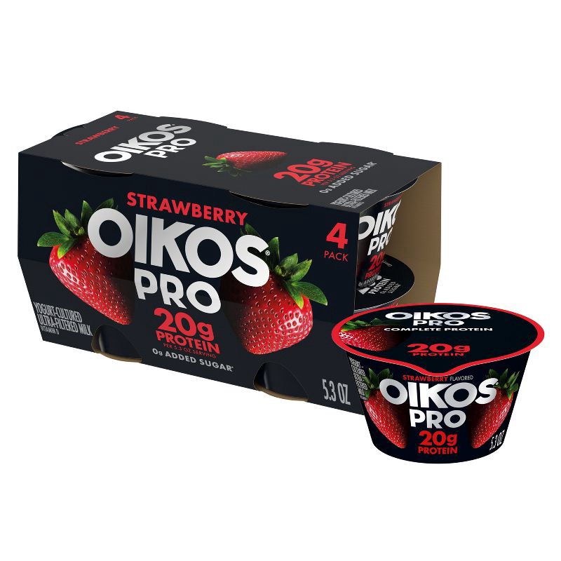 slide 1 of 12, Oikos Pro Strawberry Greek Yogurt - 20g Protein 4ct/5.3oz, 20 gram, 4 ct, 5.3 oz