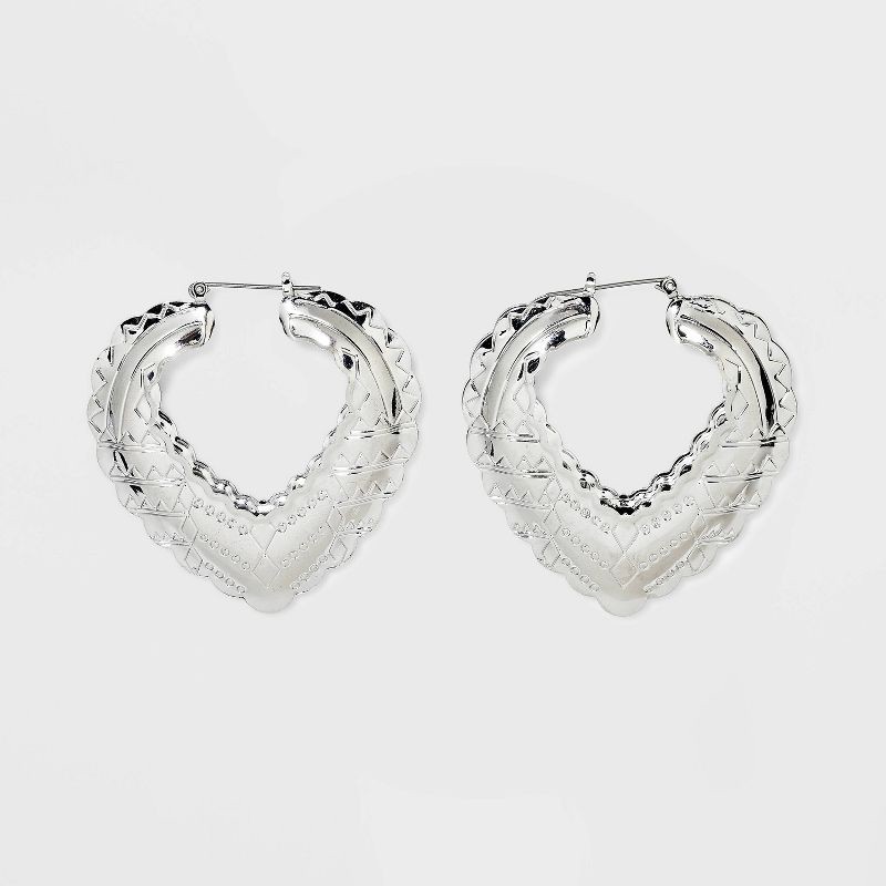 slide 1 of 3, Stamped Cubic Zirconia Heart Hoop Earrings - Wild Fable Silver, 1 ct