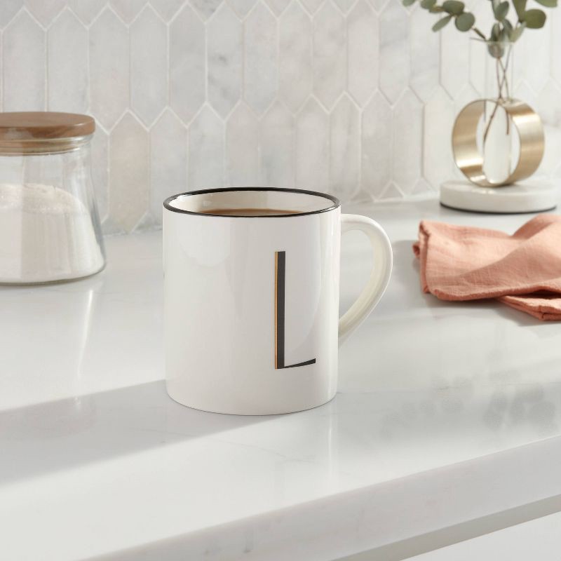 slide 2 of 3, 16oz Stoneware Monogram L Mug Ivory - Threshold™: Coffee Mugs with Initial, Microwave & Dishwasher Safe, 16 oz