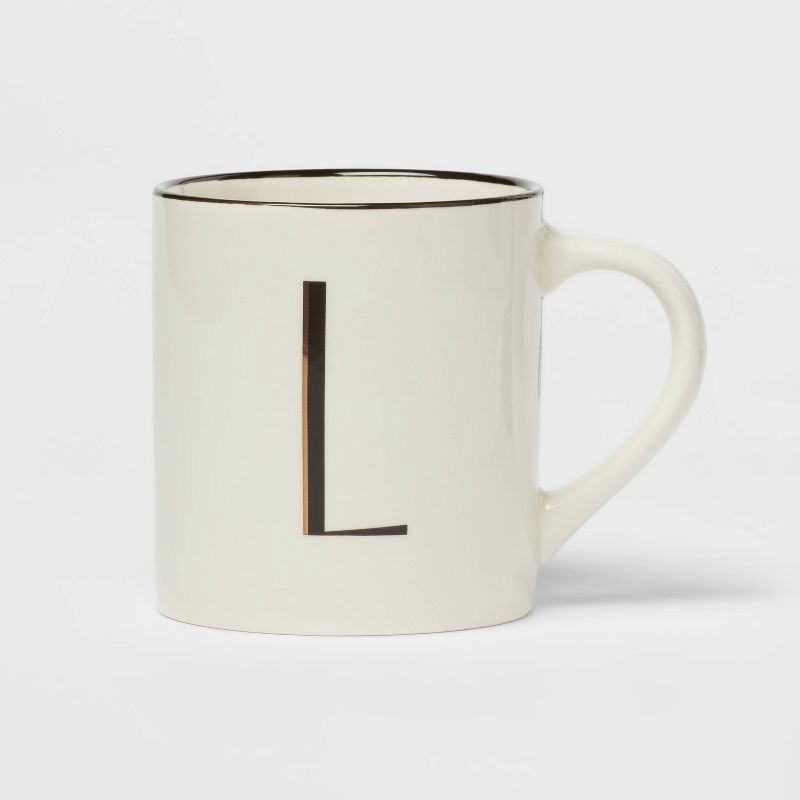 slide 1 of 3, 16oz Stoneware Monogram L Mug Ivory - Threshold™: Coffee Mugs with Initial, Microwave & Dishwasher Safe, 16 oz
