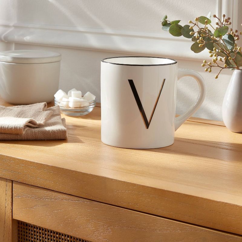 slide 2 of 3, 16oz Stoneware Monogram V Mug Ivory - Threshold™: Coffee Mugs with Initial, Microwave & Dishwasher Safe, 16 oz