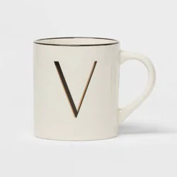16oz Stoneware Monogram V Mug Ivory - Threshold™: Coffee Mugs with Initial, Microwave & Dishwasher Safe