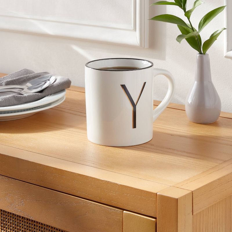 slide 2 of 3, 16oz Stoneware Monogram Y Mug Ivory - Threshold™: Initial Coffee Drinkware, Microwave & Dishwasher Safe, 16 oz