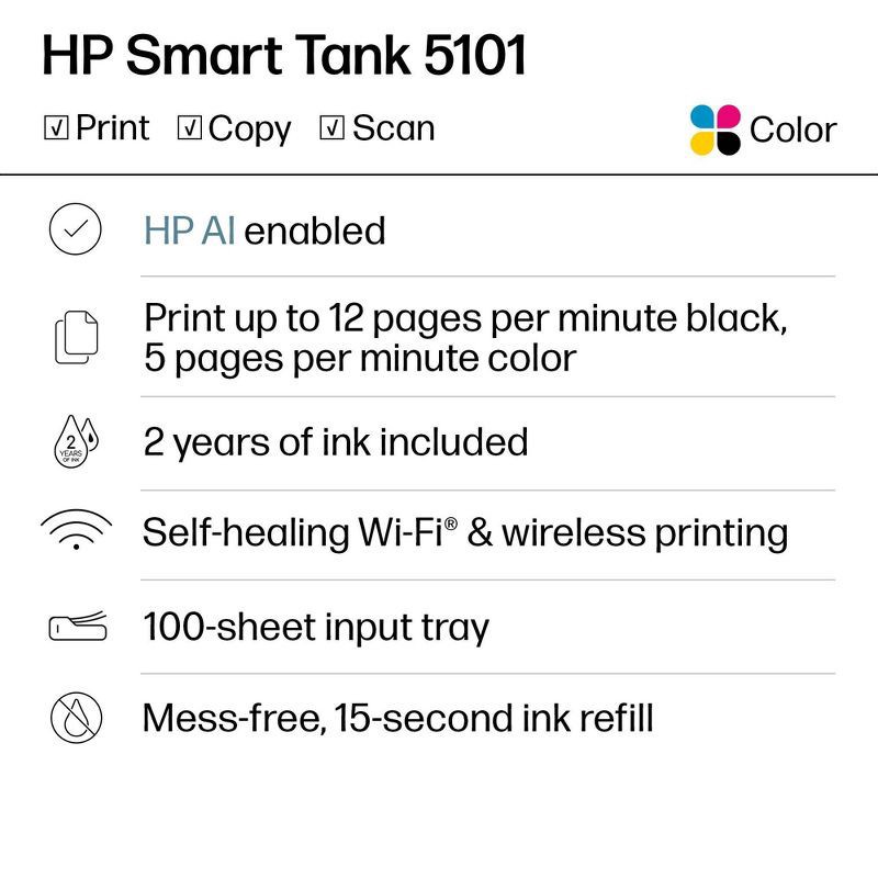 slide 2 of 19, HP Inc. HP Smart Tank 5101 Wireless All-In-One Color Refillable Supertank Printer, Scanner, Copier (1F3Y0A), 1 ct