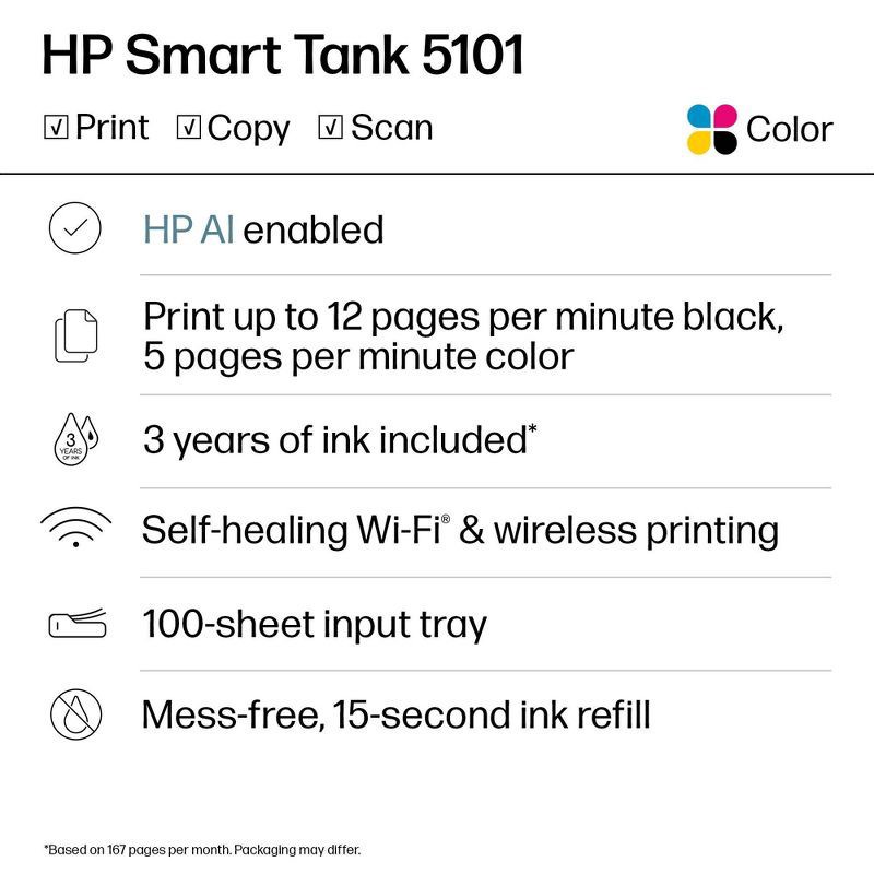 slide 6 of 19, HP Inc. HP Smart Tank 5101 Wireless All-In-One Color Refillable Supertank Printer, Scanner, Copier (1F3Y0A), 1 ct
