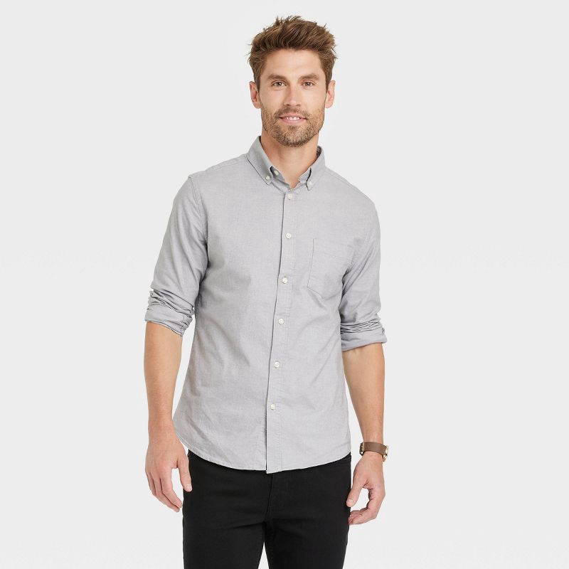 slide 1 of 3, Men's Every Wear Long Sleeve Oxford Button-Down Shirt - Goodfellow & Co™ Gray M: Cotton Blend, Slim Fit, Patch Pocket, 1 ct