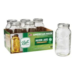 Ball 64oz 6pk Glass Wide Mouth Mason Jar with Lid and Band: Clear Canning Jars, Dishwasher-Safe, 4" Neck Diameter