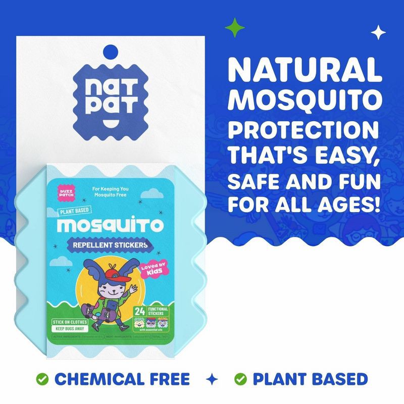 slide 2 of 9, NATPAT 24ct "BuzzPatch" DEET‑Free Kids Mosquito Repellent Stickers: Citronella Scented, Safe for All Ages, Ready to Use, 24 ct