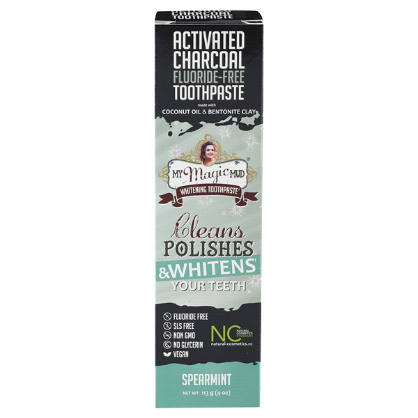 slide 1 of 6, My Magic Mud Activated Charcoal Fluoride-Free Whitening Toothpaste - Spearmint, 4 oz