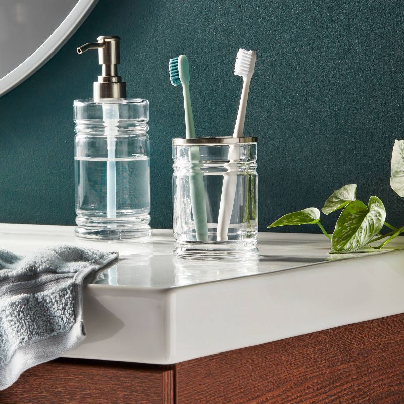 slide 2 of 3, Glass Toothbrush Holder Clear - Threshold™: Elegant Bathroom Accessory, Solid Pattern Glass Cup for Oral Hygiene, 1 ct