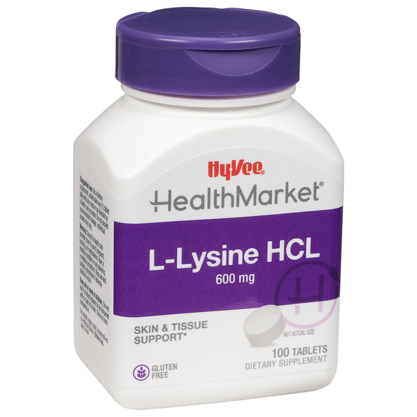 slide 1 of 1, Hy-Vee HealthMarket L-Lysine 600 mg Dietary Supplement Tablets, 100 ct