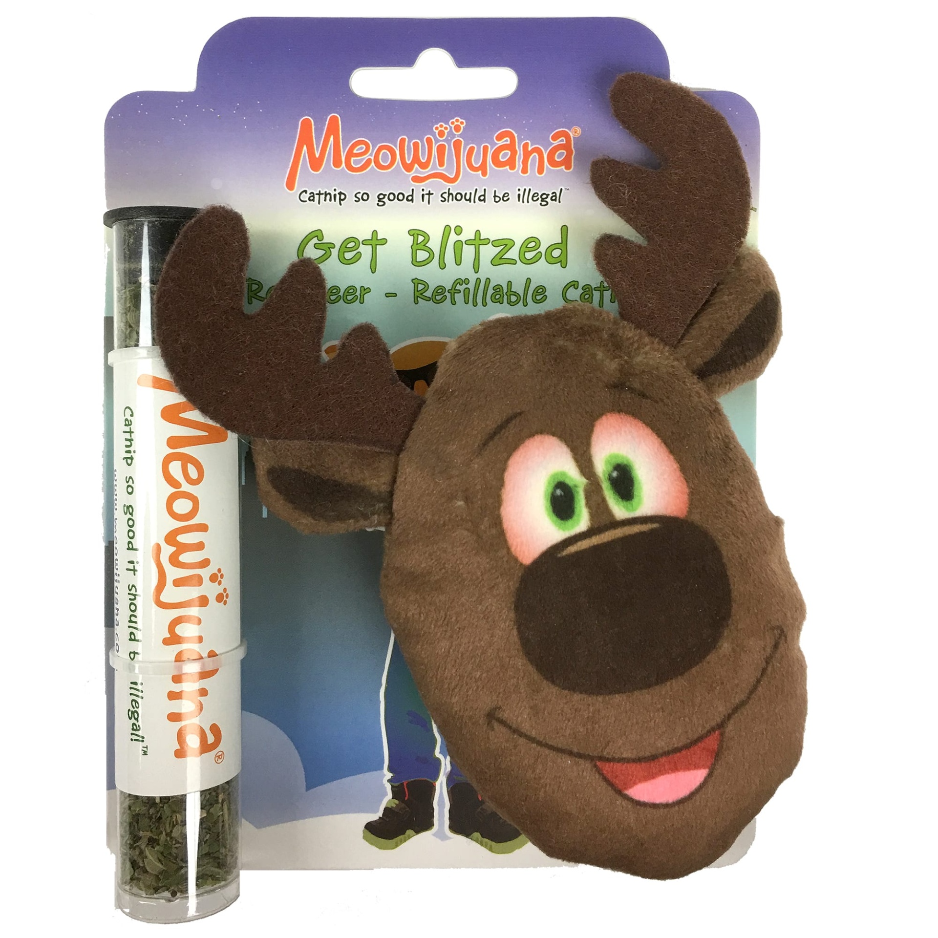 slide 1 of 1, Meowijuana Get Blitzed Refillable Reindeer Cat Toy, MED
