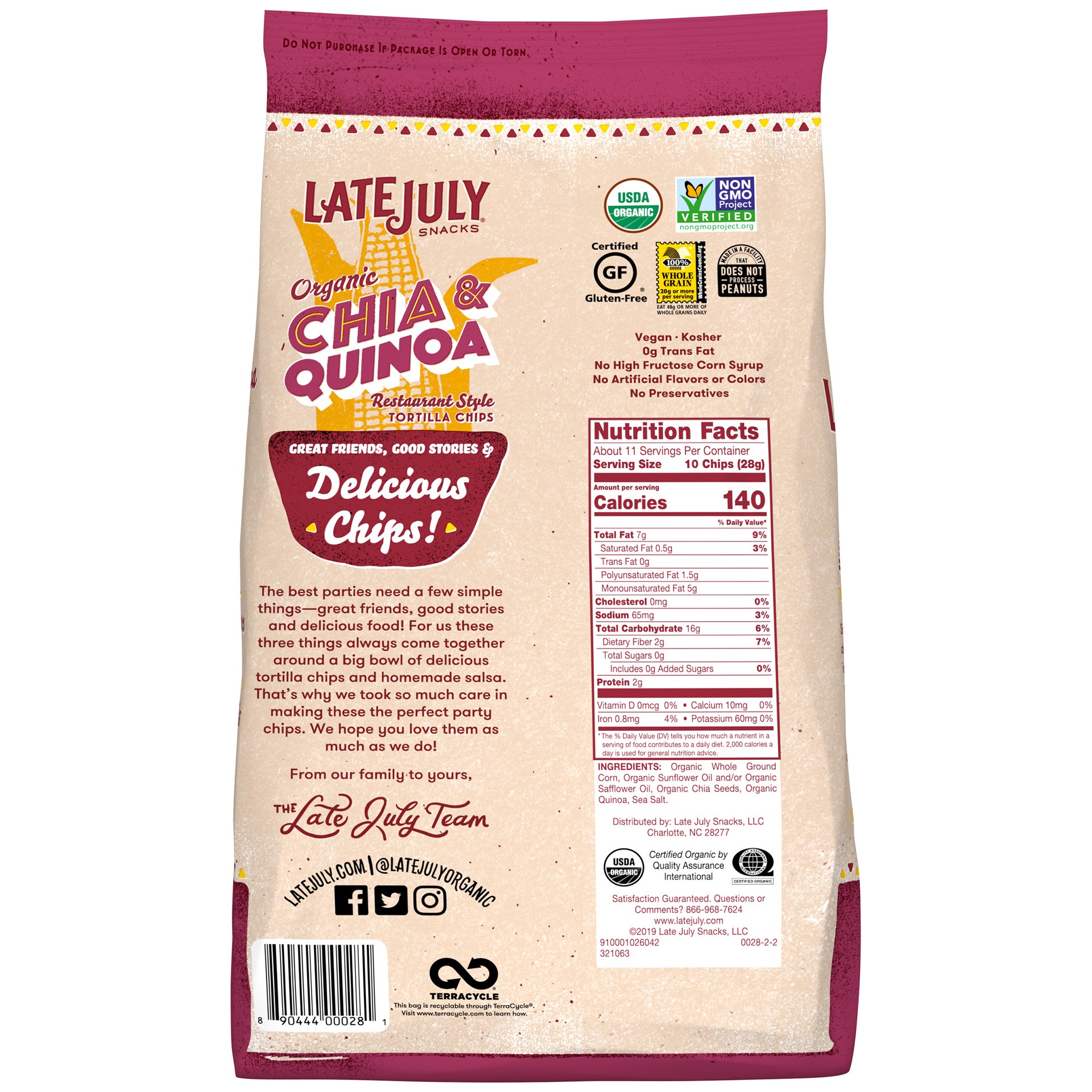 slide 2 of 5, LATE JULY Snacks Restaurant Style Chia & Quinoa Tortilla Chips, 11 oz. Bag, 11 oz