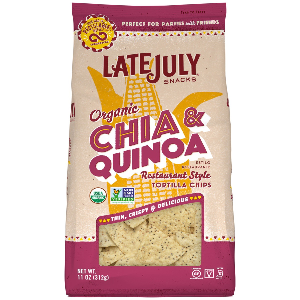 slide 1 of 5, LATE JULY Snacks Restaurant Style Chia & Quinoa Tortilla Chips, 11 oz. Bag, 11 oz