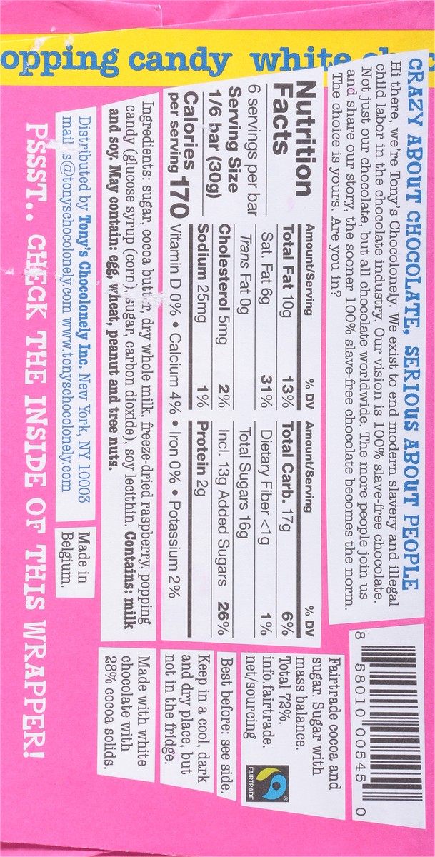 slide 5 of 9, Tony's Chocolonely White Choc Raspberry Bar, 6.35 oz