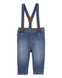 Oshkosh Baby Knit-Denim Suspender Pants - Blue - 24 Months