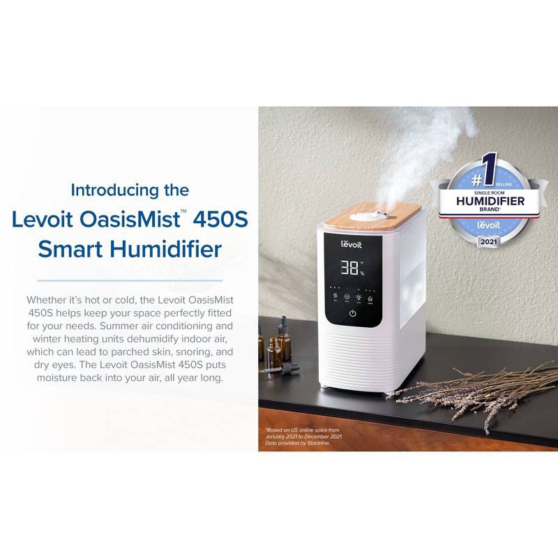 slide 7 of 15, Levoit 4.5L Oasis Mist Smart Humidifier: Ultrasonic, Warm & Cool Mist, Bedroom Use, 300-500 sq. ft., No Filter Needed, 4.5 liter