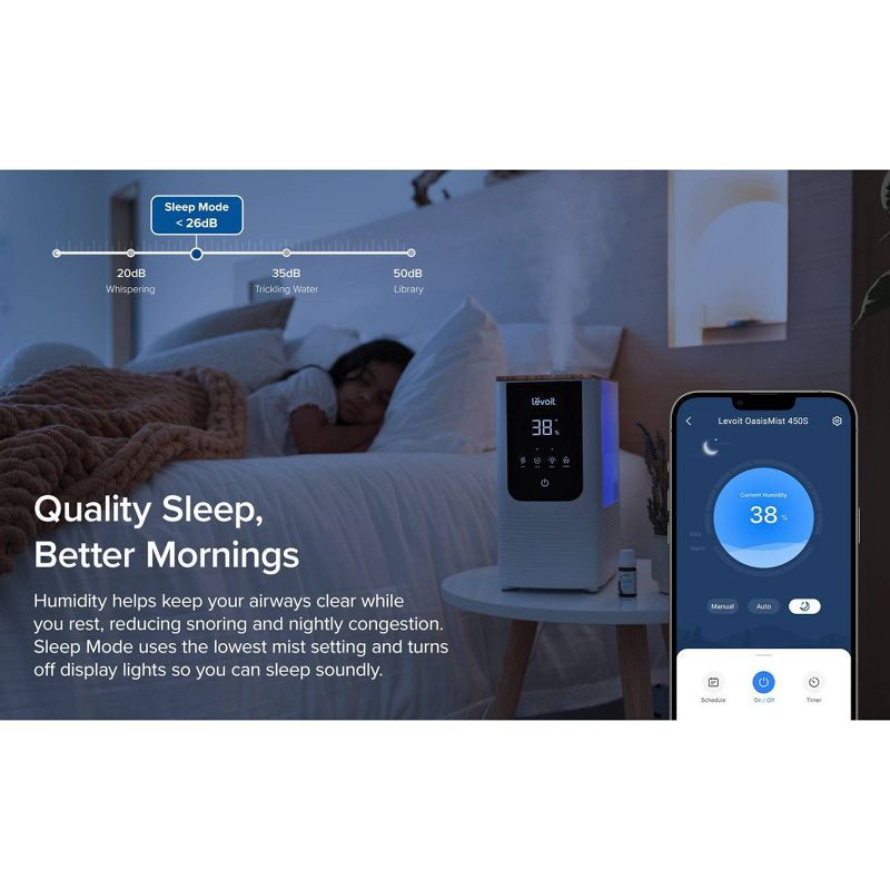 slide 11 of 15, Levoit 4.5L Oasis Mist Smart Humidifier: Ultrasonic, Warm & Cool Mist, Bedroom Use, 300-500 sq. ft., No Filter Needed, 4.5 liter