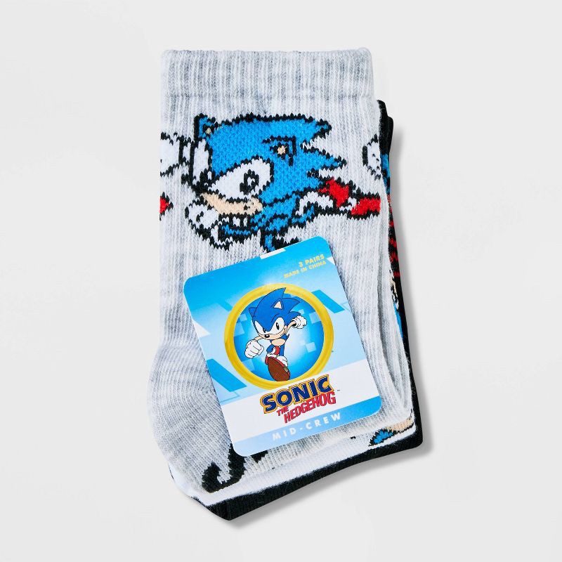 slide 2 of 3, Boys' Sonic the Hedgehog 3pk Crew Socks - Gray M/L, 3 ct