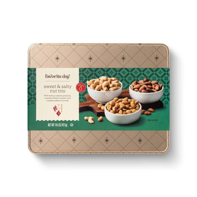 slide 1 of 4, Christmas Sweet & Salty Nut Trio Tin - 14.5oz - Favorite Day™, 14.5 oz