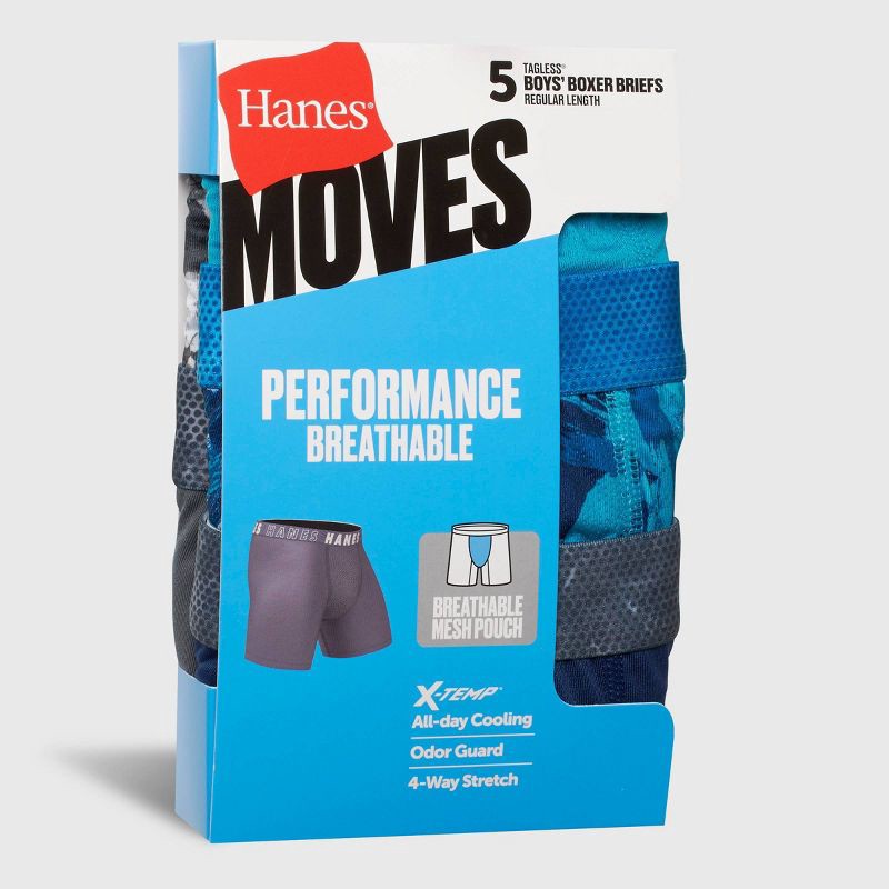 slide 2 of 6, Hanes Boys' 5pk Moves Breathable X-Temp Boxer Briefs - Blue XL: Tagless, Moisture Wicking, 4-Way Stretch, Pull-On Waistband, 5 ct
