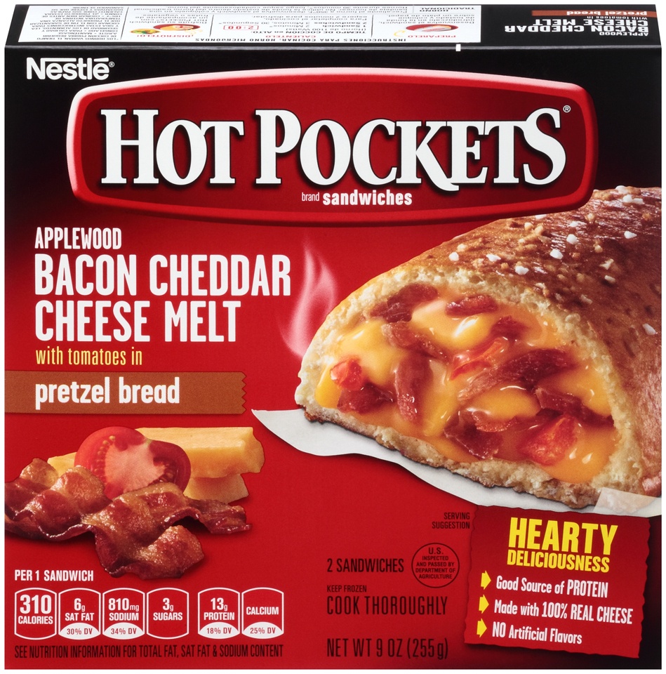 slide 1 of 1, Hot Pockets Sandwiches Bacon Cheddar Cheese Melt Pretzel Bread - 2 Pack, 9 oz