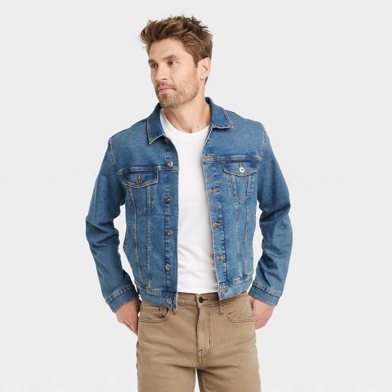 slide 1 of 3, Men's Midwash Denim Trucker Jacket - Goodfellow & Co™ Blue M, 1 ct