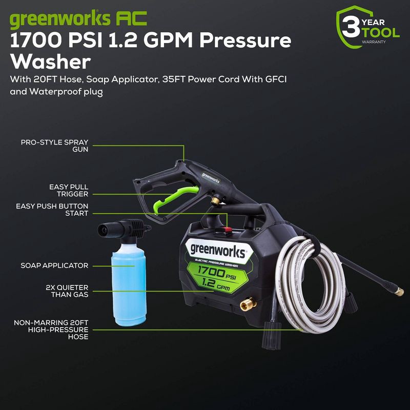 slide 10 of 11, Greenworks 1700 PSI Corded Electric Pressure Washer, 1 ct