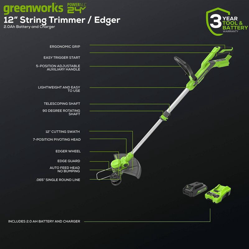 slide 8 of 10, Greenworks POWERALL 24V Cordless 12" String Trimmer with 2.0Ah Battery and Charger, 1 ct