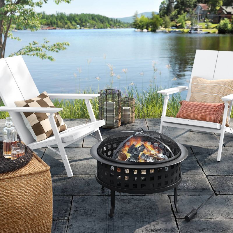 slide 2 of 4, Metal Lattice Wood Burning Round Outdoor Fire Pit Black - Threshold™: Rust-Resistant Steel, Mesh Sides, Angled Legs, 1 ct
