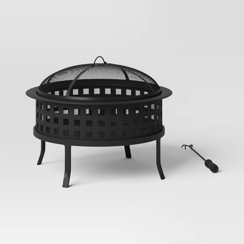 slide 1 of 4, Metal Lattice Wood Burning Round Outdoor Fire Pit Black - Threshold™: Rust-Resistant Steel, Mesh Sides, Angled Legs, 1 ct