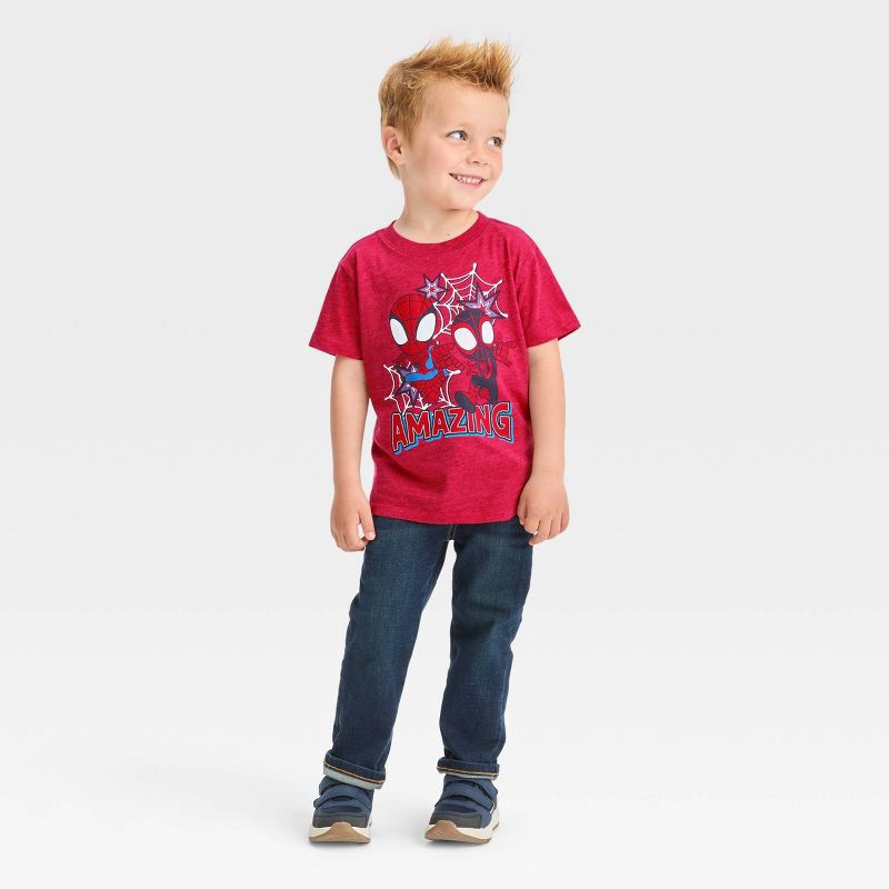 slide 3 of 3, Disney Junior Toddler Boys' Marvel Spidey and Miles Solid Short Sleeve T-Shirt - Red 12M, 1 ct