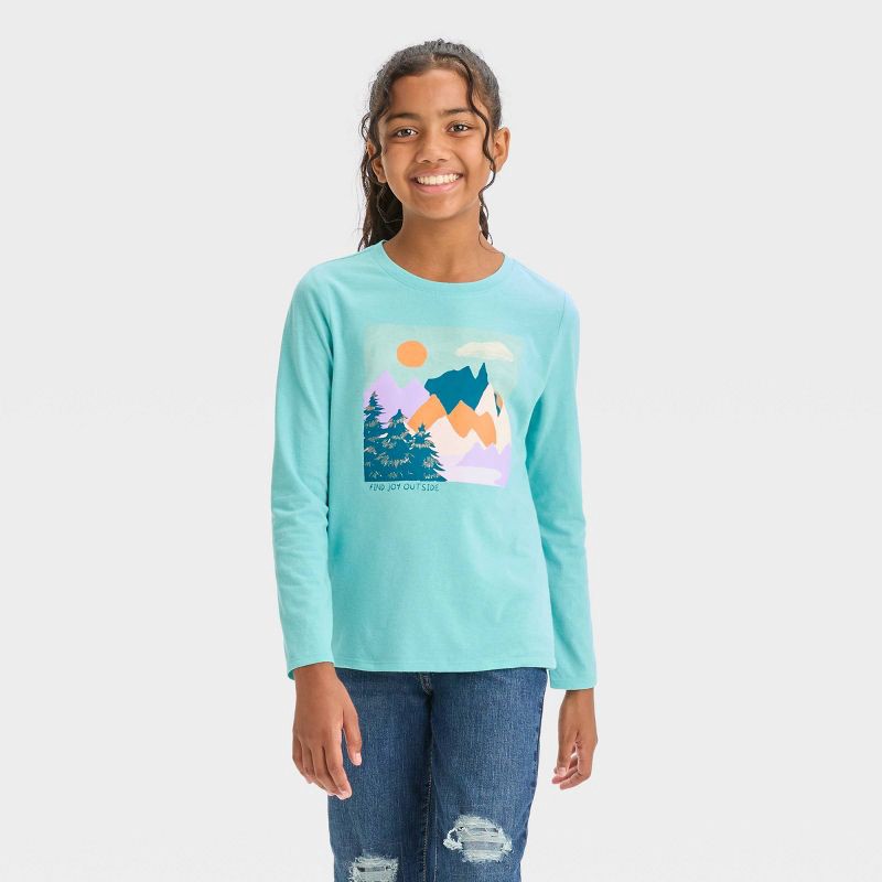 slide 1 of 3, Girls' Long Sleeve 'Mountains' Graphic T-Shirt - Cat & Jack Aqua Blue L, 1 ct