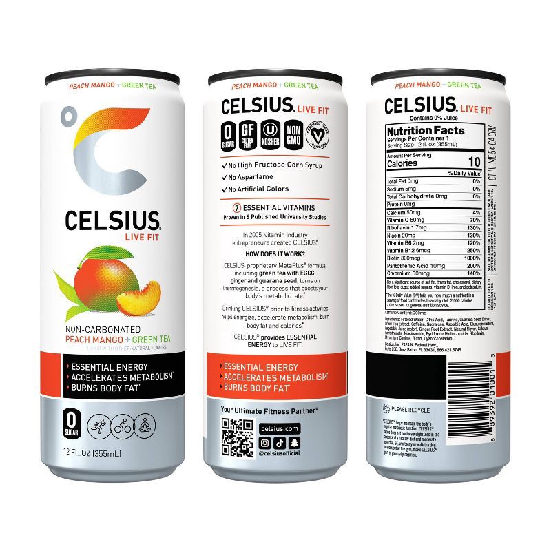 slide 4 of 5, Celsius Green Tea Peach Mango Energy Drink - 12 fl oz Can, 12 fl oz