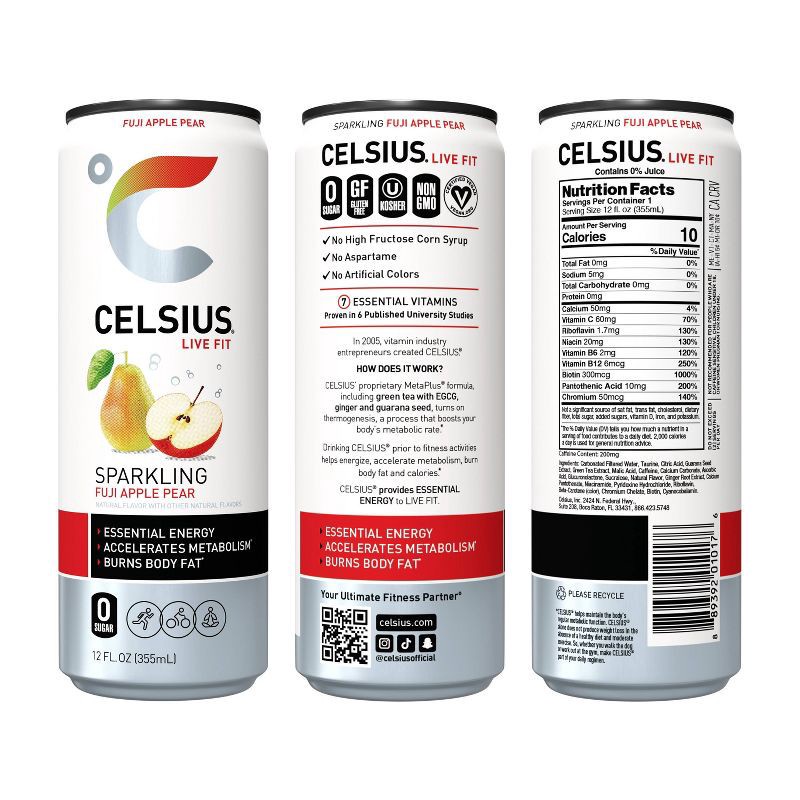 slide 4 of 5, Celsius Sparkling Fuji Apple Pear Energy Drink - 12 fl oz Can, 12 fl oz