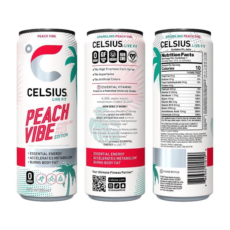 slide 4 of 5, Celsius Sparkling Peach Vibe Energy Drink - 12 fl oz Can, 12 fl oz