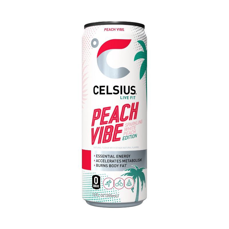 slide 1 of 5, Celsius Sparkling Peach Vibe Energy Drink - 12 fl oz Can, 12 fl oz