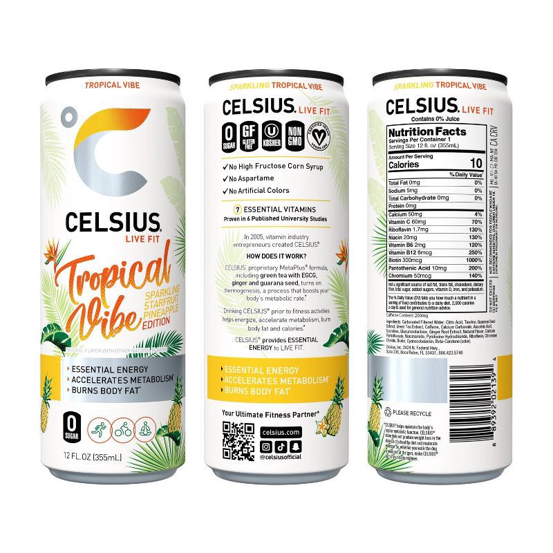 slide 4 of 5, Celsius Tropical Vibe Energy Drink - 12 fl oz Can, 12 fl oz