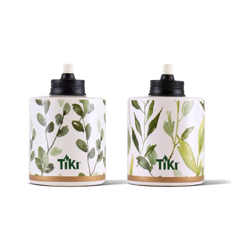 slide 3 of 8, TIKI 5.5" 2pk Ceramic Greenery Outdoor Tabletop Torch Off-White/Green, 2 ct