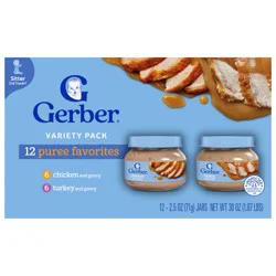 Gerber Stage 2 Baby Food, Chicken & Turkey Variety Pack Jars, Baby Food Puree, 12PK