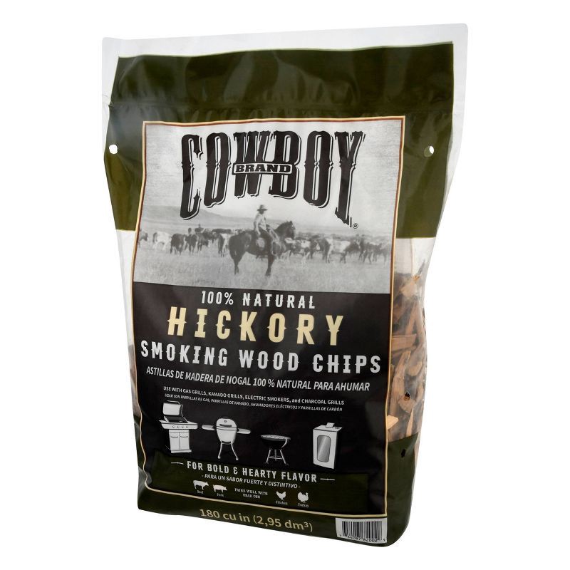 slide 3 of 6, Cowboy 180 cu in Hickory Chips: Ideal for Smoker, Charcoal Grilling, Mesquite Flavor Enhancer, 1 ct