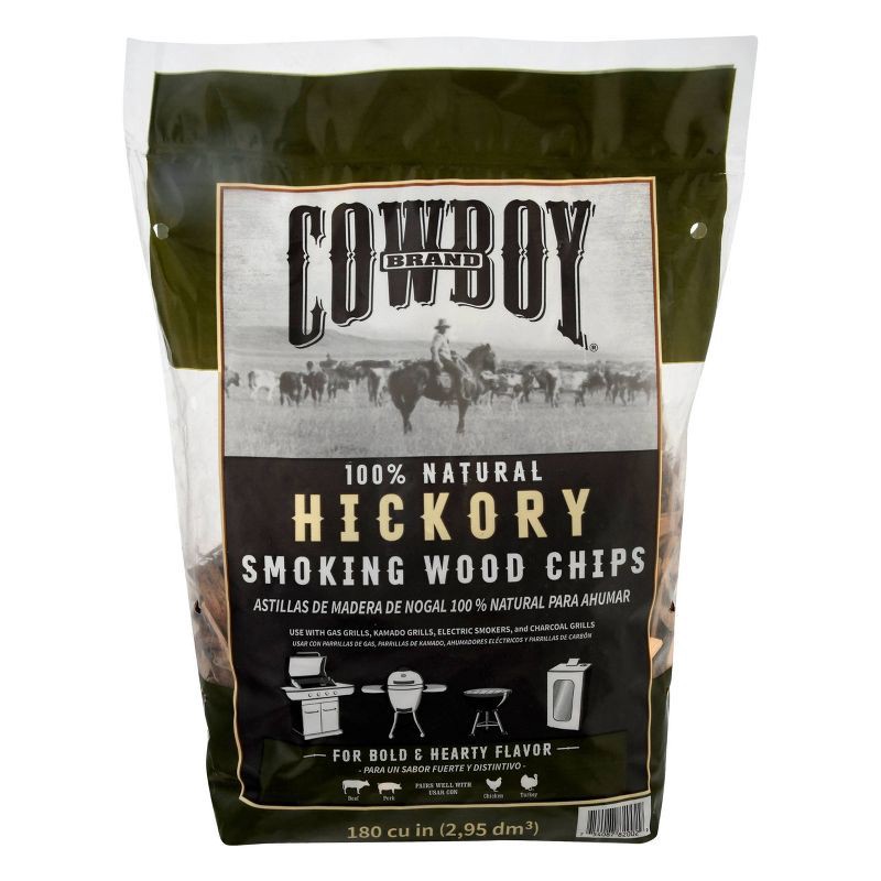 slide 1 of 6, Cowboy 180 cu in Hickory Chips: Ideal for Smoker, Charcoal Grilling, Mesquite Flavor Enhancer, 1 ct