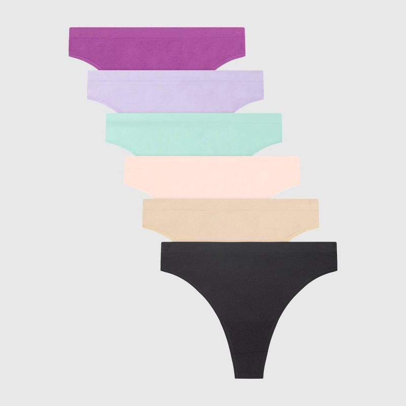 slide 1 of 5, Hanes Women's 6pk Super Stretch Seamless Comfort Flex Thong Underwear - Colors May Vary M: Seamless Knit, Lightweight Nylon Blend, 6 ct