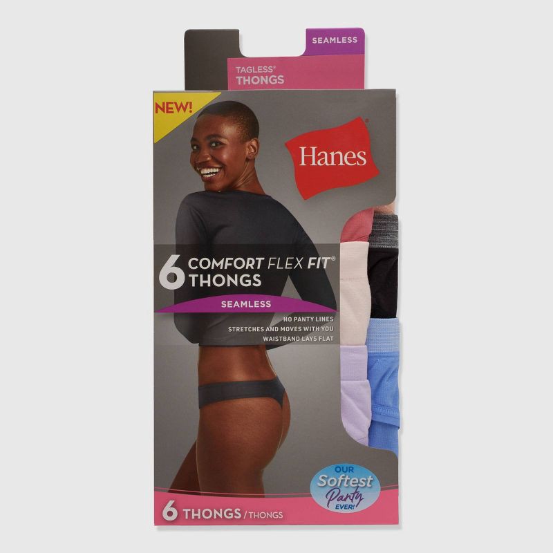 slide 2 of 5, Hanes Women's 6pk Super Stretch Microfiber Comfort Flex Thong Underwear - Colors May Vary XL: Solid Knit, Midweight, Full Waistband Elastic, 6 ct